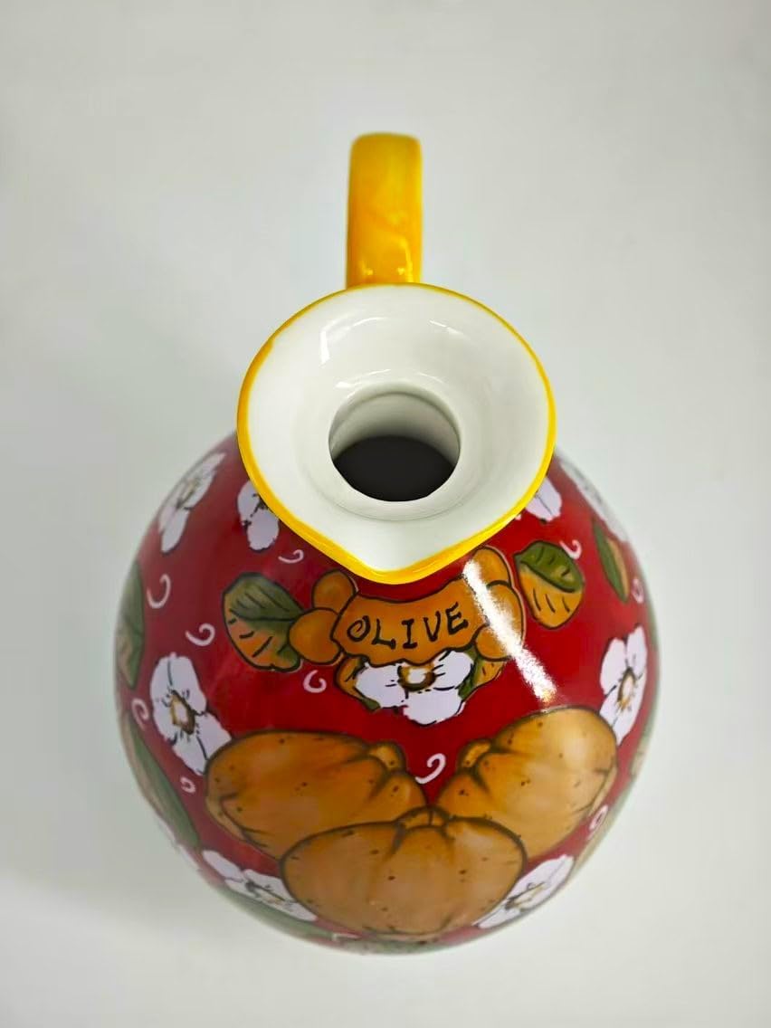 Hand-Painted Ceramic Olive Oil Dispenser Bottle – 40oz Decorative Stoneware Cruet with Stainless Steel Pour Spout – Elegant Kitchen Oil & Vinegar Container, Ideal for Coffee Syrups & More