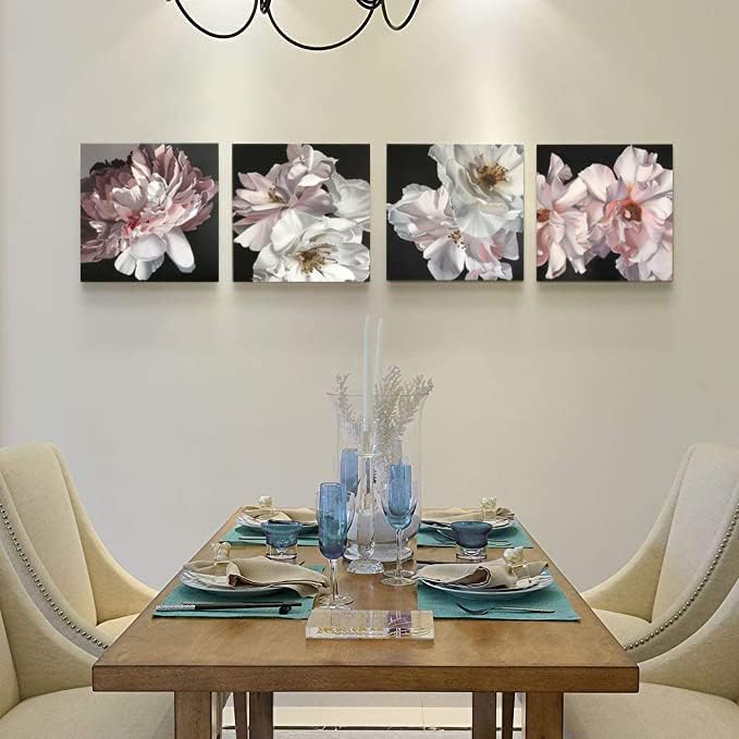 Yxbhhym Floral Canvas Wall Art White Flowers Wall Picturs Prints Pink Florals Artwork for Wall Décor Painting Poster for Bathroom Art Living Room Decor-Framed Wall Art -12x12inches x 4 pcs