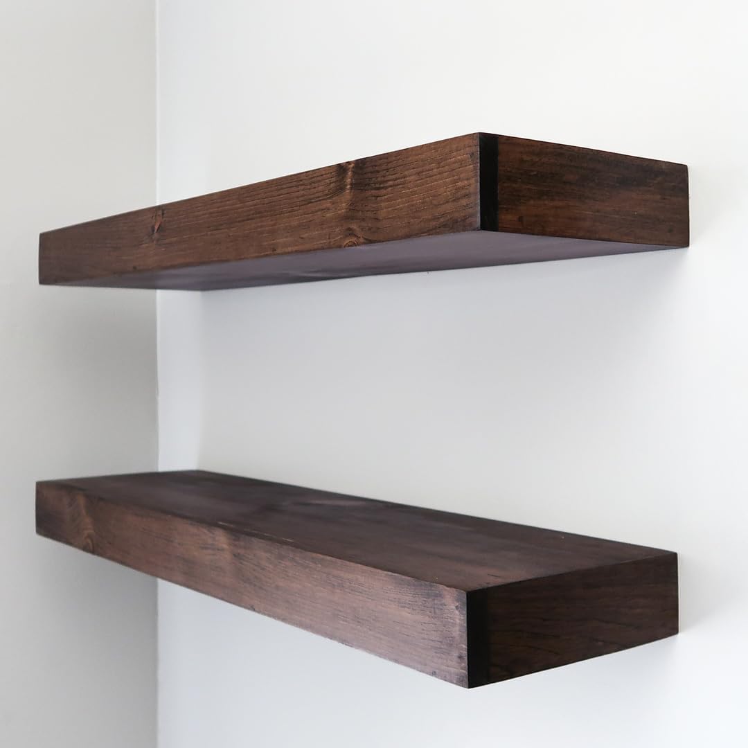 Modern Floating Shelves 3 Inches Thick for Wall, Wide Shelves for Kitchen, Living Room, Bedroom, and Bathroom, Natural Pine Wood, Rustic Wooden Shelf, (Set of 2) (Provincial, 24Lx3Hx8D)