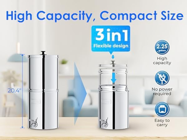 Waterdrop Gravity-fed Water Filter System, NSF/ANSI 42&372 Standard, Reduces Fluoride and up to 99% of Chlorine, with 4 Filters and Metal Spigot, King Tank Series, WD-TK-A-FS, 2.25G