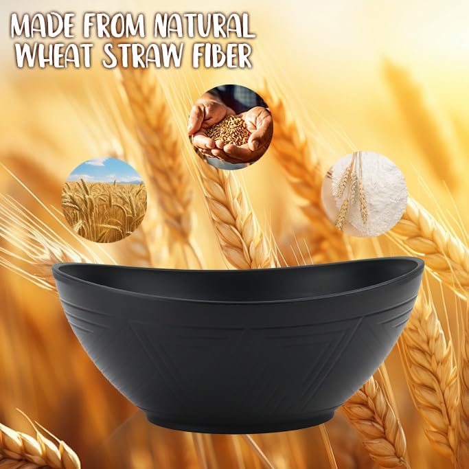 Big Wheat Straw Bowls,Large Salad Bowls Set of 2,Dishwasher and Microware Safe Plastic Bowls Reusable,Eating bowls for Cereal,Salad,Fruit,Snack. Black