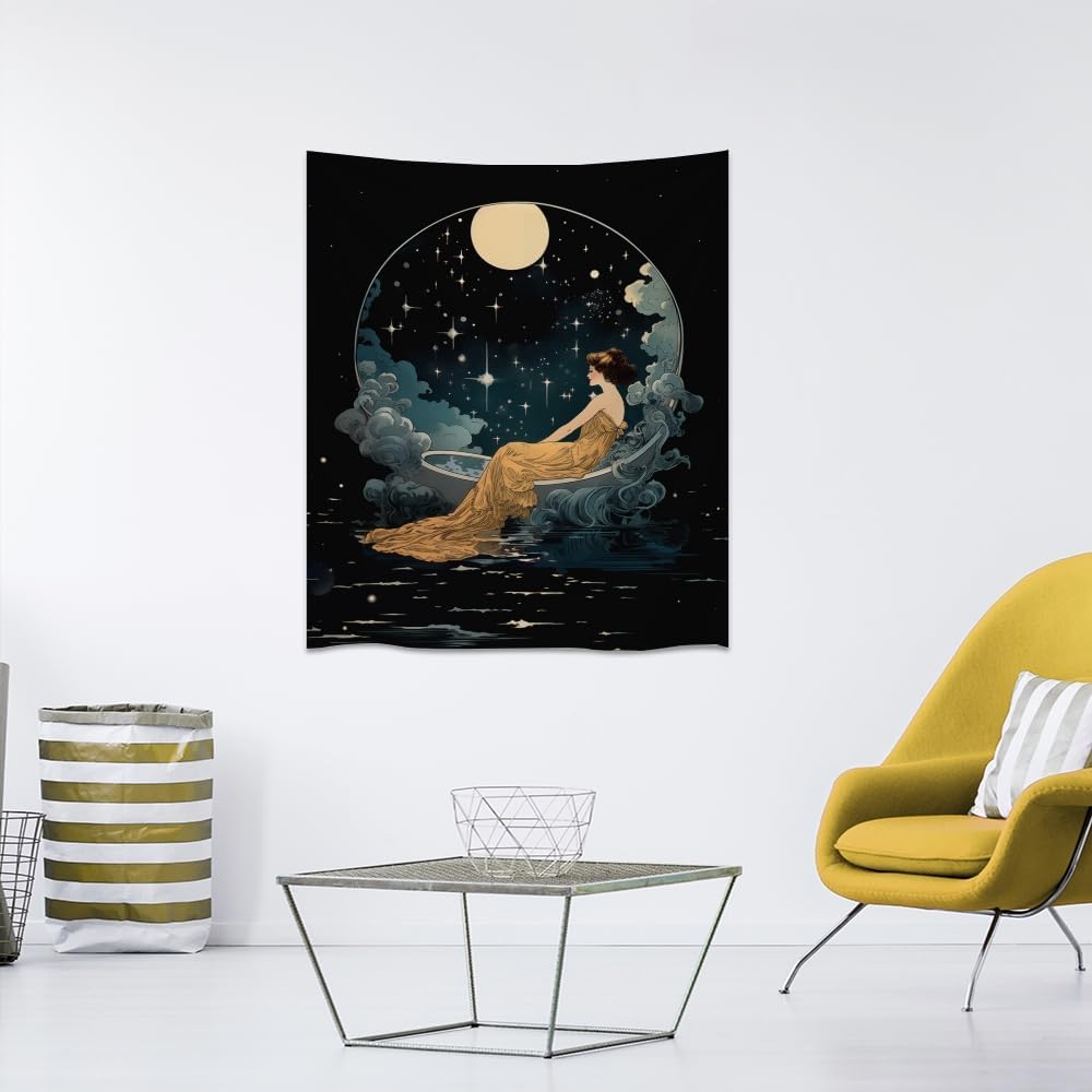 Dark Academia Tapestry Celestial Moonlit Bathing Lady Print Trendy Aesthetic Gothic Wall Hanging Vintage Art Nouveau Tapestries Wall Decor for Bedroom Living Room Dorm 50x60inch