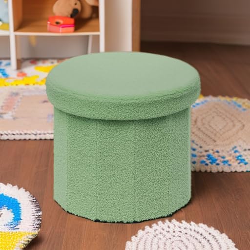 B FSOBEIIALEO Storage Ottoman Cube, Round Ottomans with Storage Foot Stool Footrest for Lving Room, Boucle Ottoman Seat for Dorm Room,Faux Teddy Fur, Green 15"x15"x15"