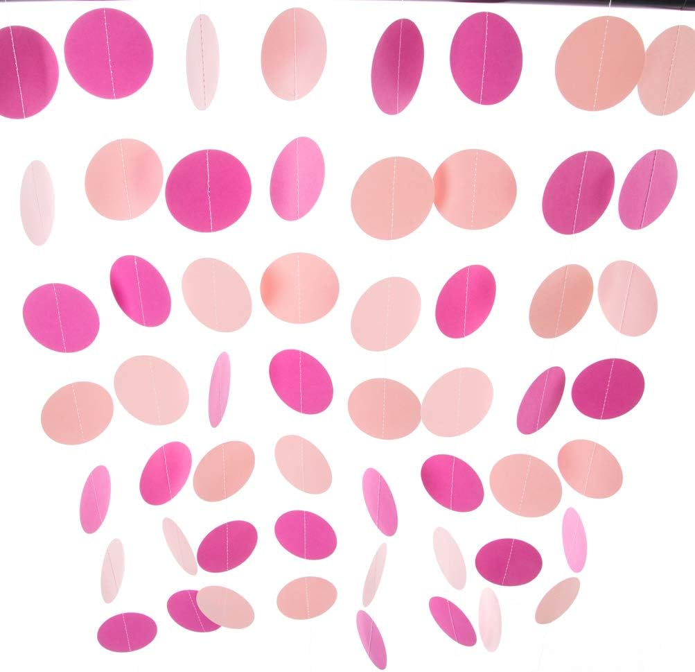 WEVEN Pink Paper Garland Circle Dots Party Garland Streamer Backdrop Hanging Decorations, 2.5" in Diameter, 20 Feet in Total