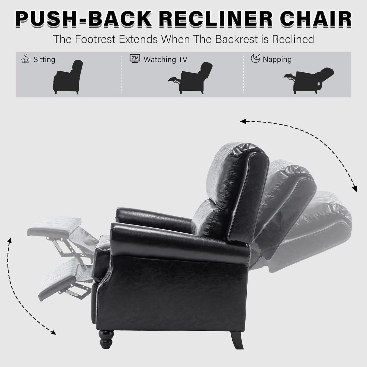 UIXE Pushback Recliner Chair, PU Leather Armchair Push Back Accent Chair for Living Room, Rivet Trim Club Chair Home Theater Overstuffed Single Sofa Bedroom Reading Seat - Black