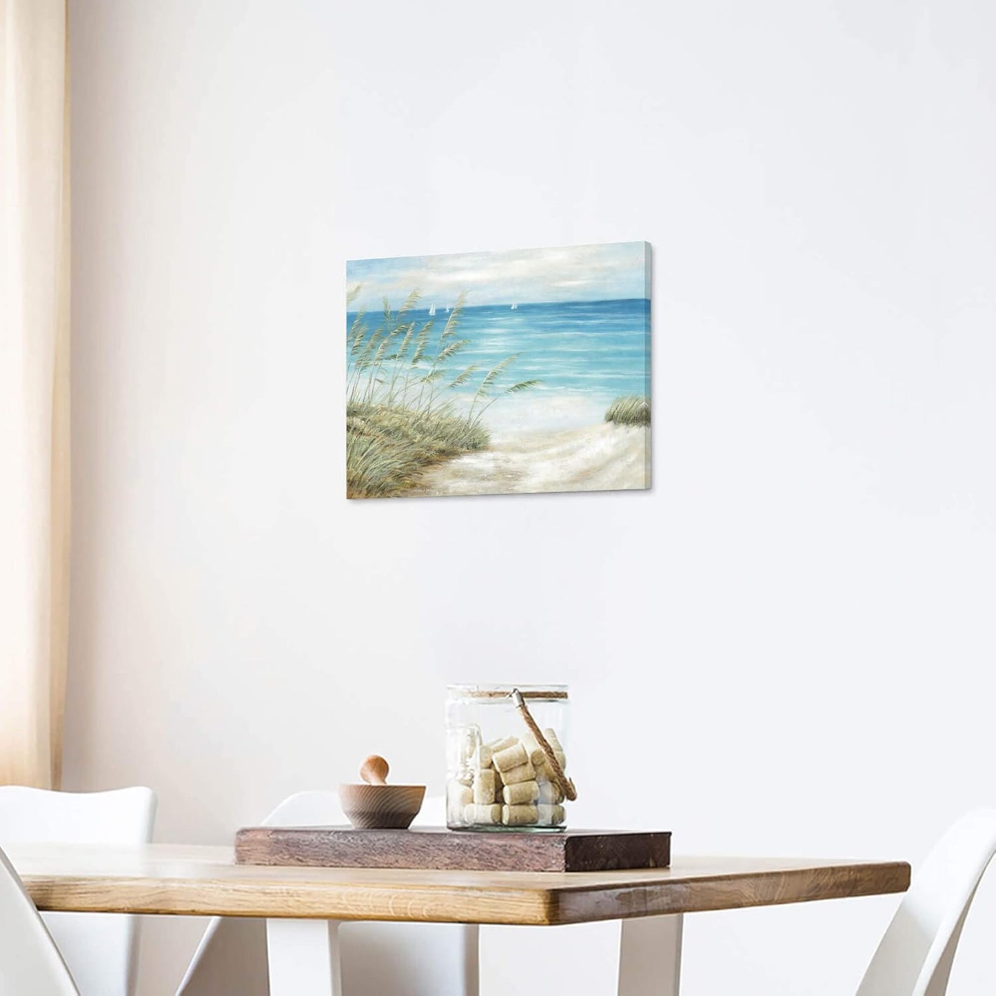 Beach Sea Canvas Wall Art: Seaside Coastal Reed Painting Blue Ocean Nautical Picture Modern Minimalist Seascape Grass Path Artwork Decor for Living Room Bedroom