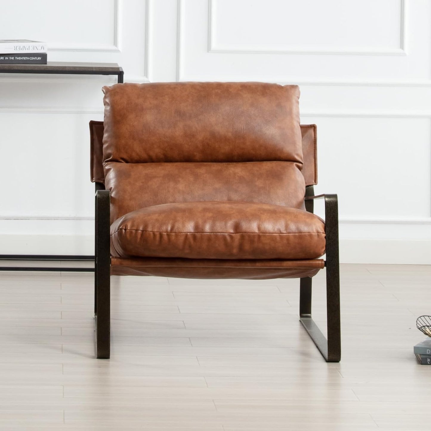 DUOMAY Mid-Century Accent Chair Armchair, Comfy PU Leather Leisure Chair Lazy Chair with Brozen Metal Leg for Living Room Bedroom Office Apartment, Brown