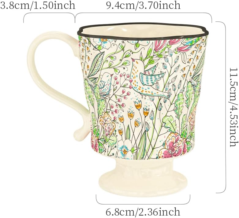 360ml -12.17oz Painted Garden floral Ceramic Mug - Cute Espresso Latte Shot Cup - Gift for Women, Dishwasher Safe