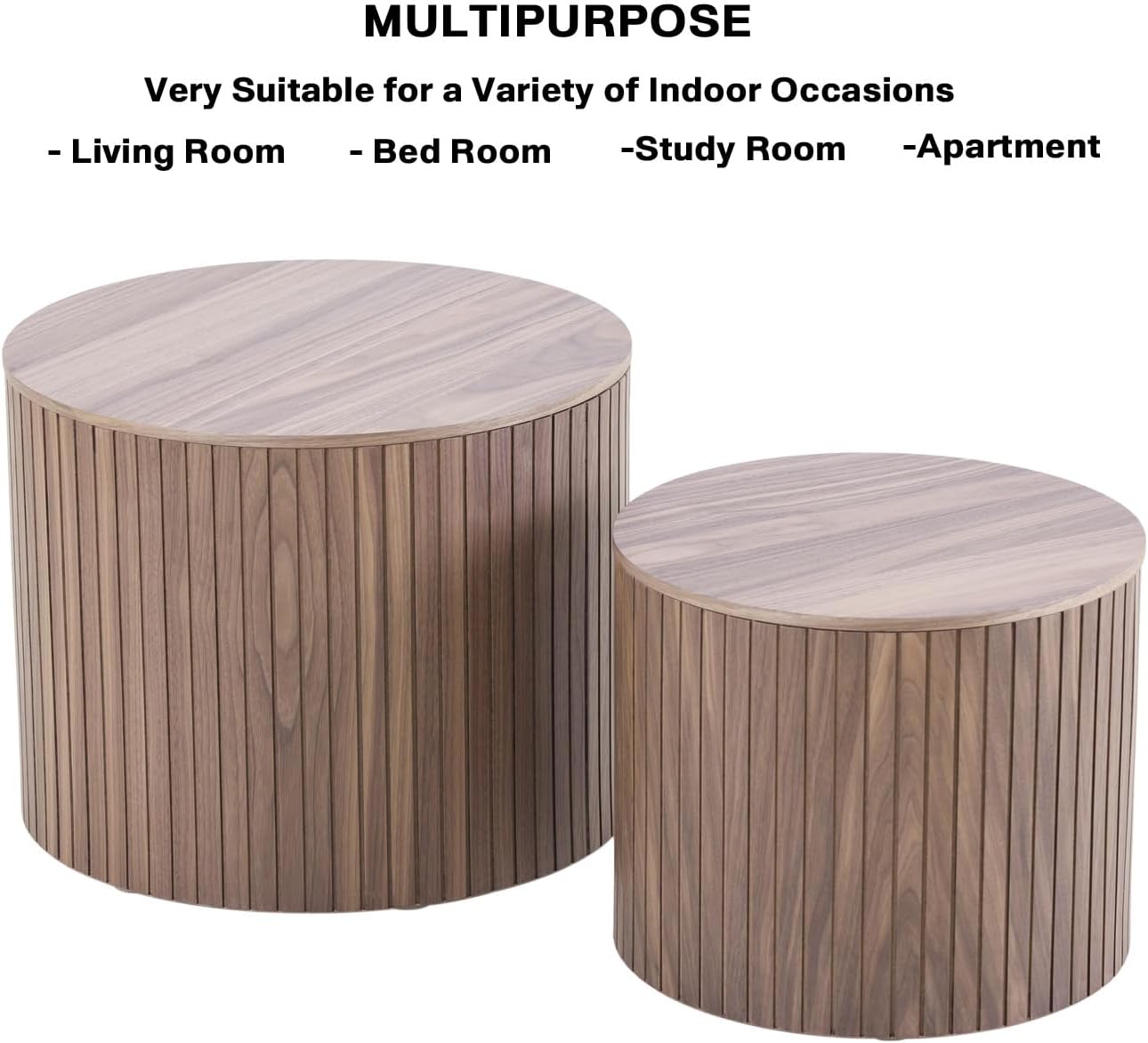 Nesting Coffee Tables Set of 2, Wooden Round Coffee Tables with Storage,Modern Circle Accent End Table Center Table for Small Spaces Living Room Bedroom Balcony Office Drum Side Table,Walnut