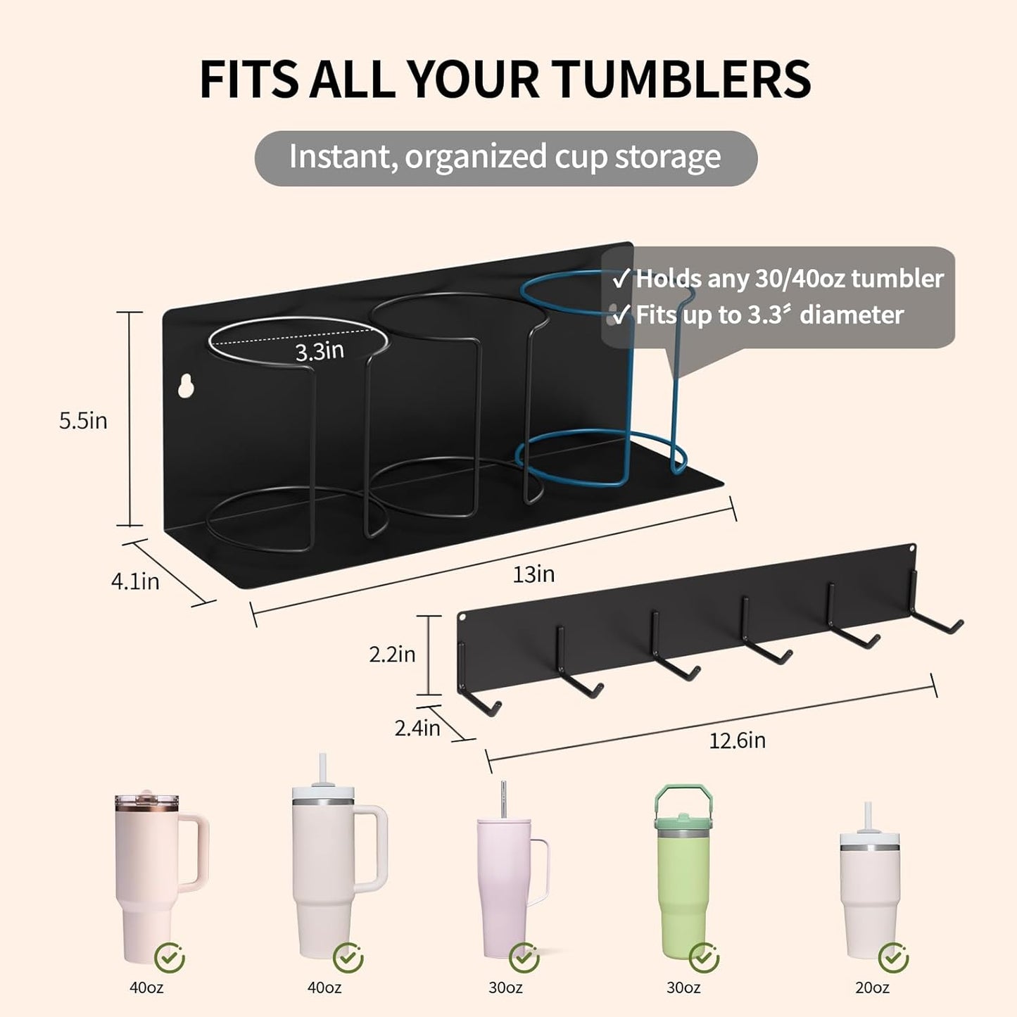 Strong Magnetic Cup Holder for Fridge, Fits Stanley 40/30/20 oz, Yeti & More, No-Drill Tumbler Organizer with Lid & Straw Storage, Kitchen & RV Space Saver(2-Piece Set)