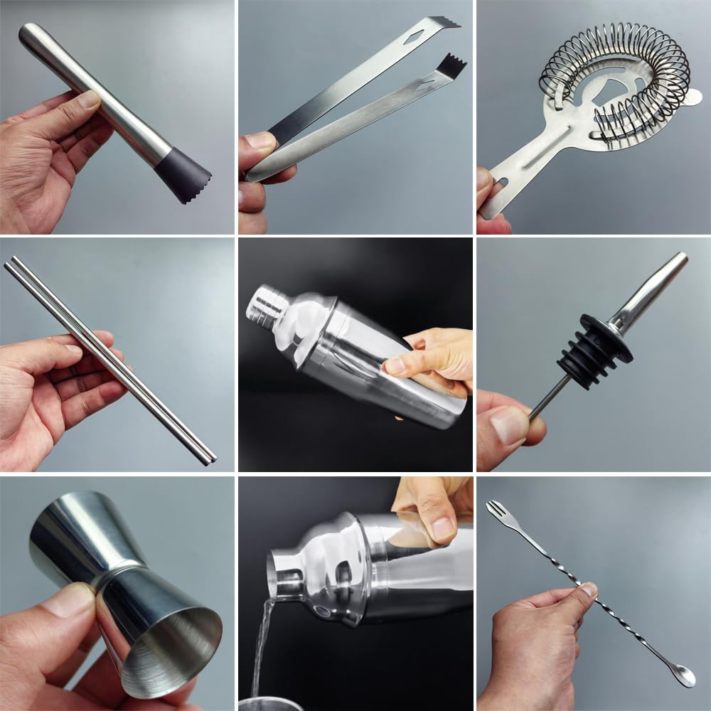 14-Piece Cocktail Shaker Set Bartender Kit with Black Stand, Bar Tool Set for Drink Mixing Bartending Kit Bar Sets Accessories: 750ml(25oz) Shaker, Jigger, Muddler, Cocktail Recipes (Silver)