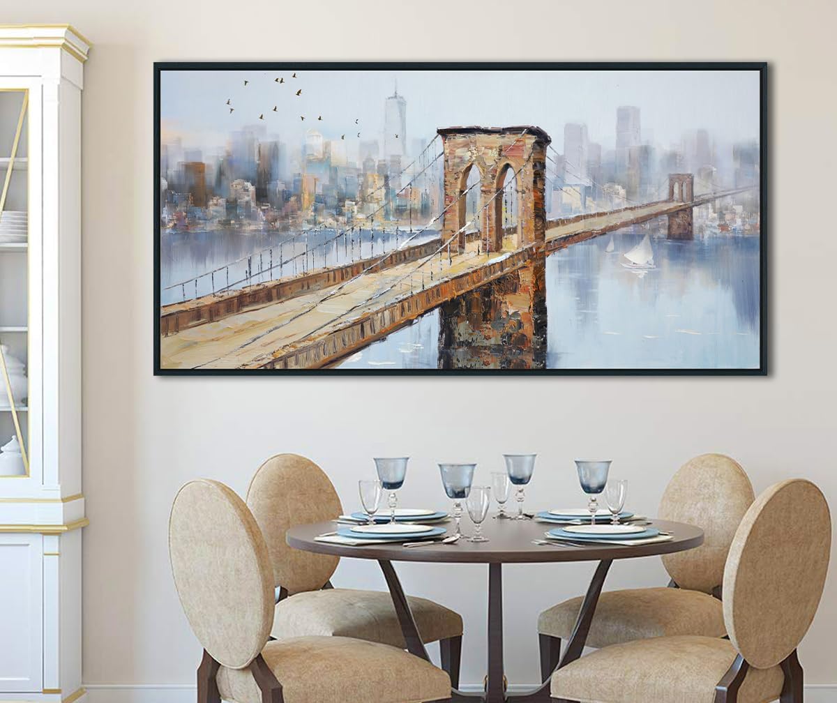 Arjun Brooklyn Bridge Canvas Wall Art Abstract Skyline New York City Painting Modern NY Cityscape Picture Textured Artwork for Bedroom Living Room Bathroom Home Office Wall Decor Framed Large 48"x24"