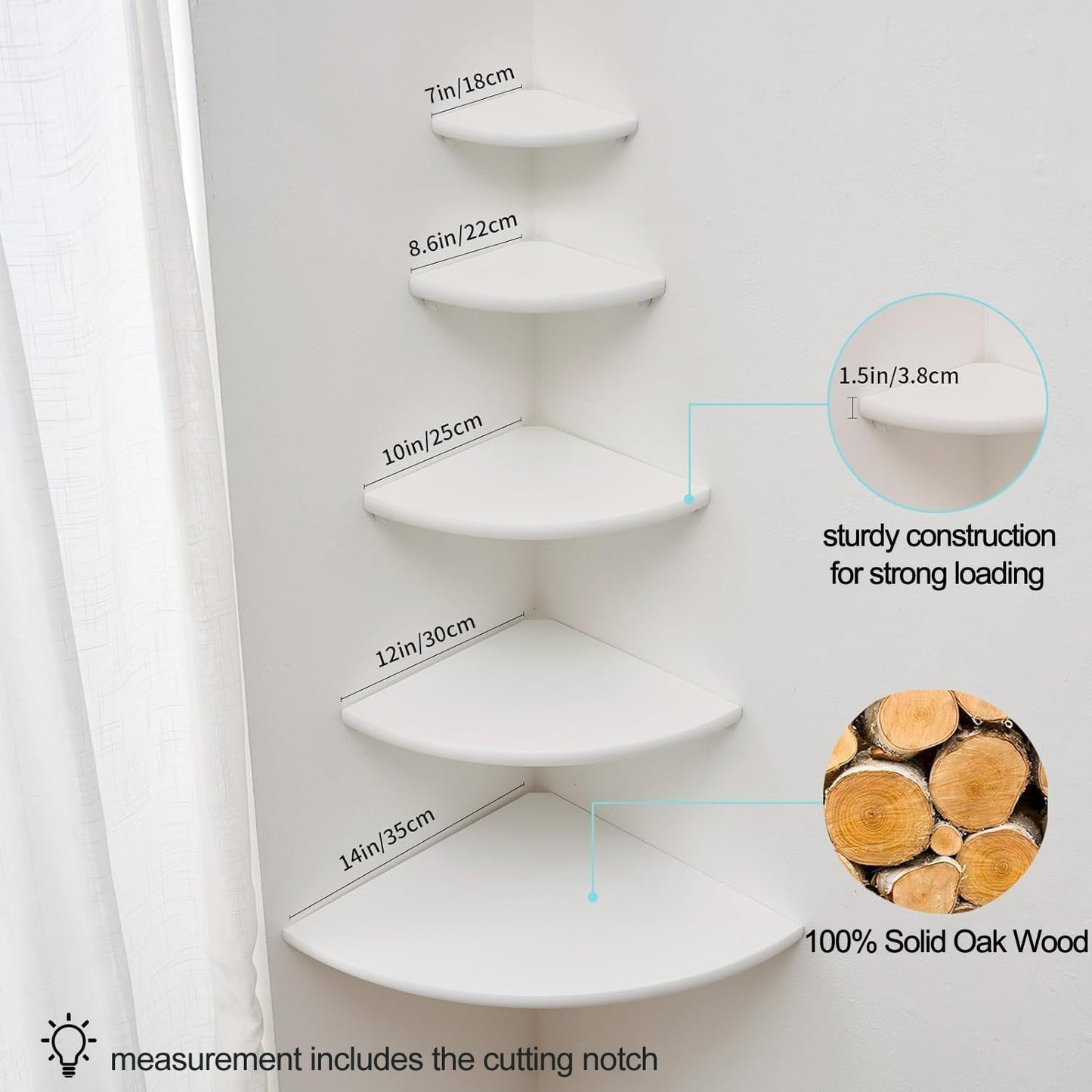 Corner Shelf, Solid Oak Wood Floating Corner Shelf Wall Mount Round End Floating Speaker Shelves with Wire Hole for Small Plant Photo Frame for Bedroom Kitchen, Living Room (White, 7.1in)