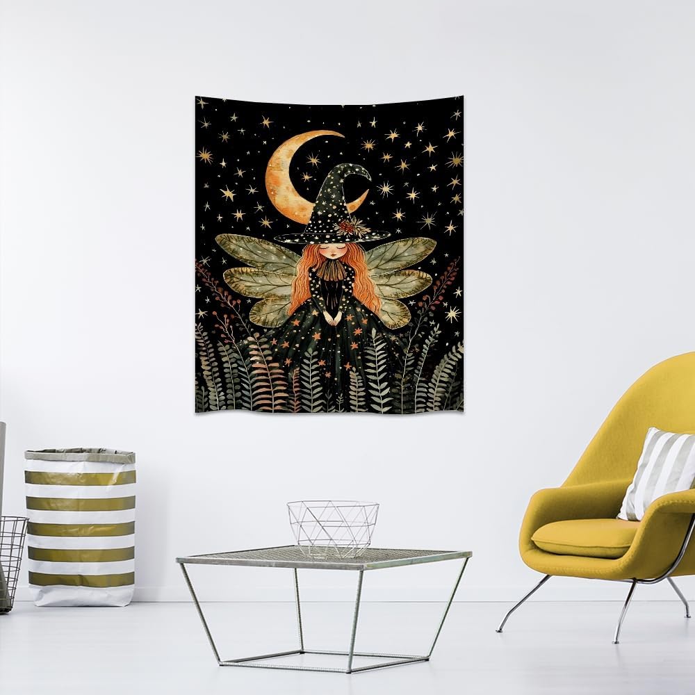 Dark Academia Witch Fairy Tapestry Wall Hanging Magical Moon Starry Night Art Print Halloween Witchy Artwork Aesthetic Wall Tapestries for Girls Bedroom Living Room Dorm Decoration 60x80inch