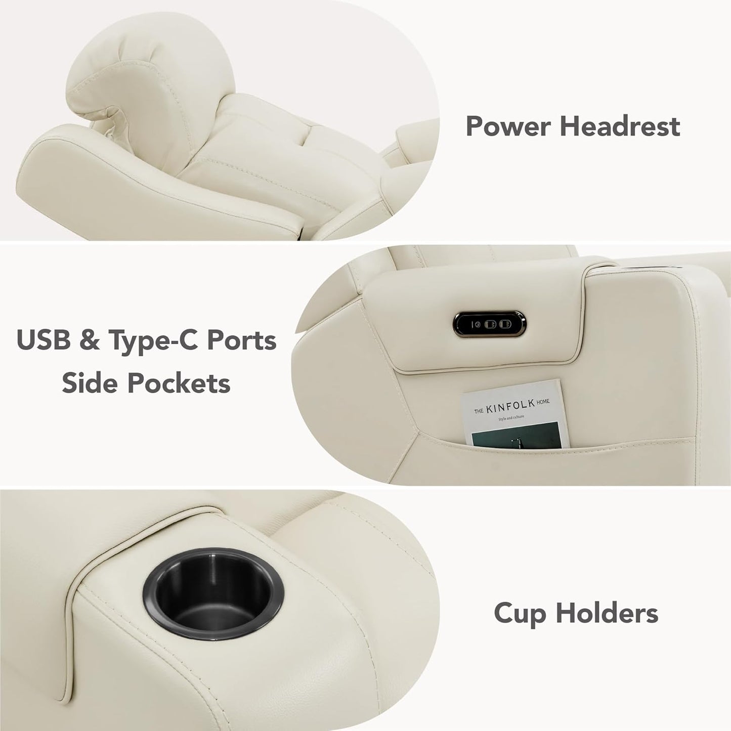 Watson & Whitely Genuine Leather Power Recliner Chairs for Adults, Lay Flat Recliner with Power Headrest, USB Ports and Cup Holders, Electric Reclining Sofa for Living Room, Bedroom, Cream