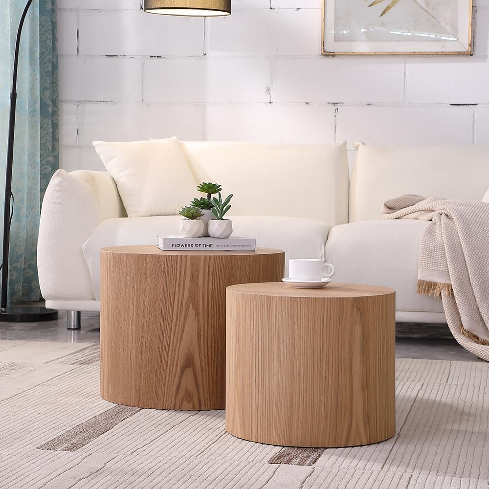 WILLIAMSPACE 18.9" Round Nesting Coffee Table Set of 2, Modern Wooden Coffee Tables Circle Side Table for Small Space, Accent End Table Set, No Assembling, Matte Oak