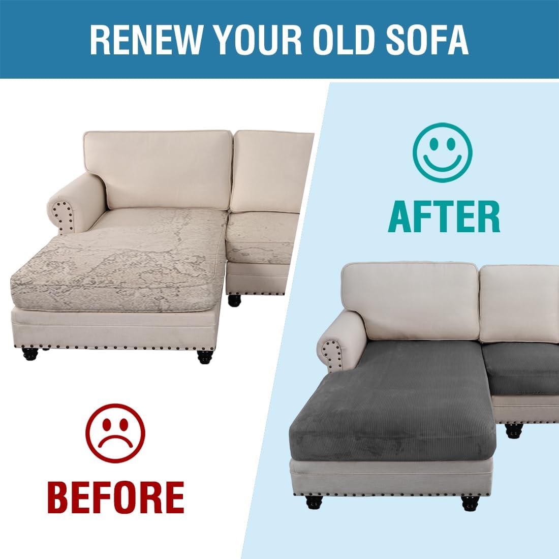 H.VERSAILTEX Velvet Stretch Sectional Couch Covers 4 Pieces Sofa Seat Cushion Covers L Shape Separate Cushion for Both Left/Right Couch (Large Sofa 3 Seater + 1 Chaise, Grey Striped)