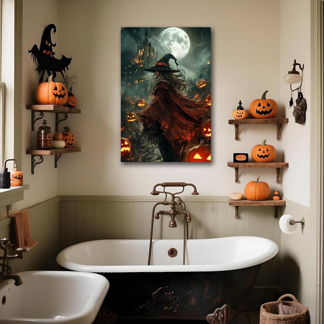 Dark and Moody Gothic Witch Poster Wall Art,Vintage Rustic Witch in Cloak with Castle Pumpkin Road Dark Gothic Poster,Goth Spooky Season Halloween Prints for Fantasy Office,16"x24" Unframed