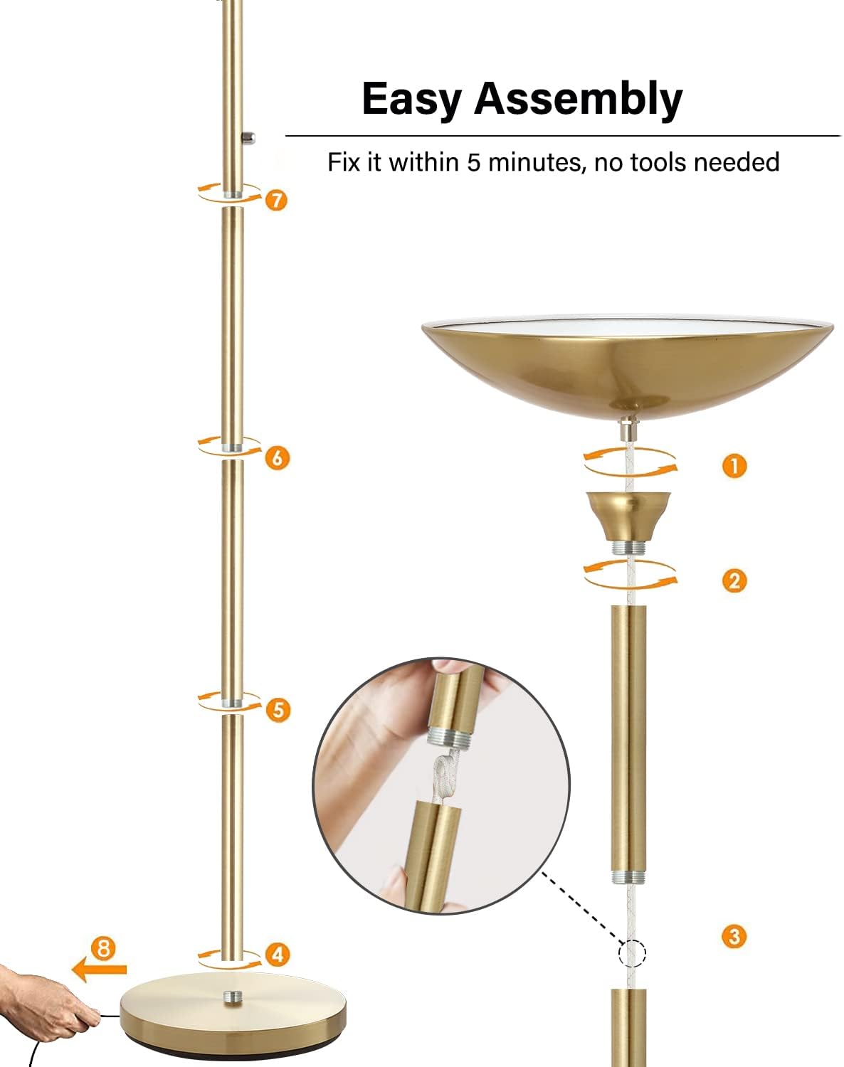 BoostArea Torchiere Floor Lamp Gold, 30W Super Bright LED Standing Lamp, 3000K Stepless Dimmable Pole Lamp with Rotary Switch, 70 Inch Tall Metal Modern Floor Lamps for Living Room/Bedroom/Office/Den
