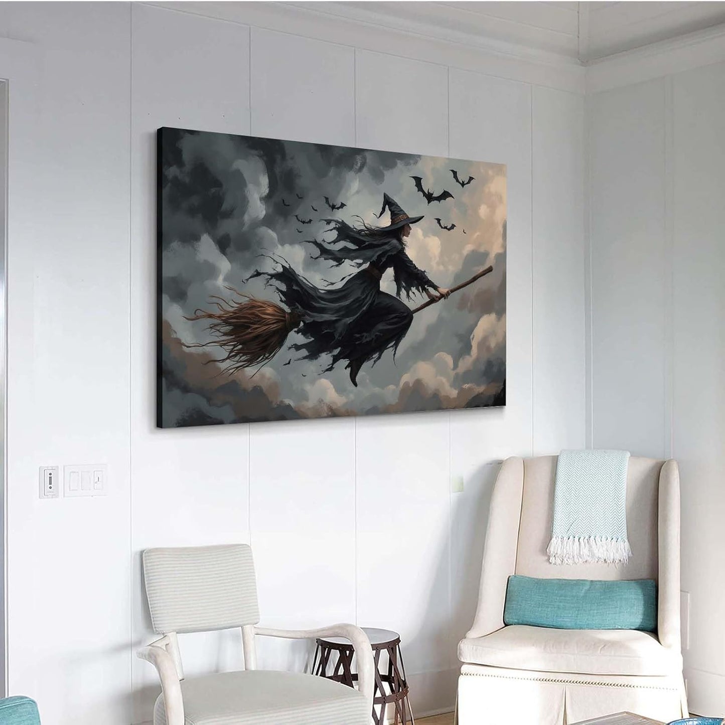 JFHCQJPK Witch and bat flying Halloween poster suitable for home party wall decoration retro Halloween preppy style wall art canvas print suitable for room decoration8x12in Frameless