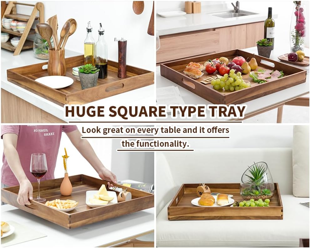 Extra Large Square Wood Tray, Generously 22" Acacia Serving Trays for Large Ottoman Coffee Table, Giant Square Shape Sofa Tray with Handles, Kitchen Organizer Storage Trays Huge Counter Serveware