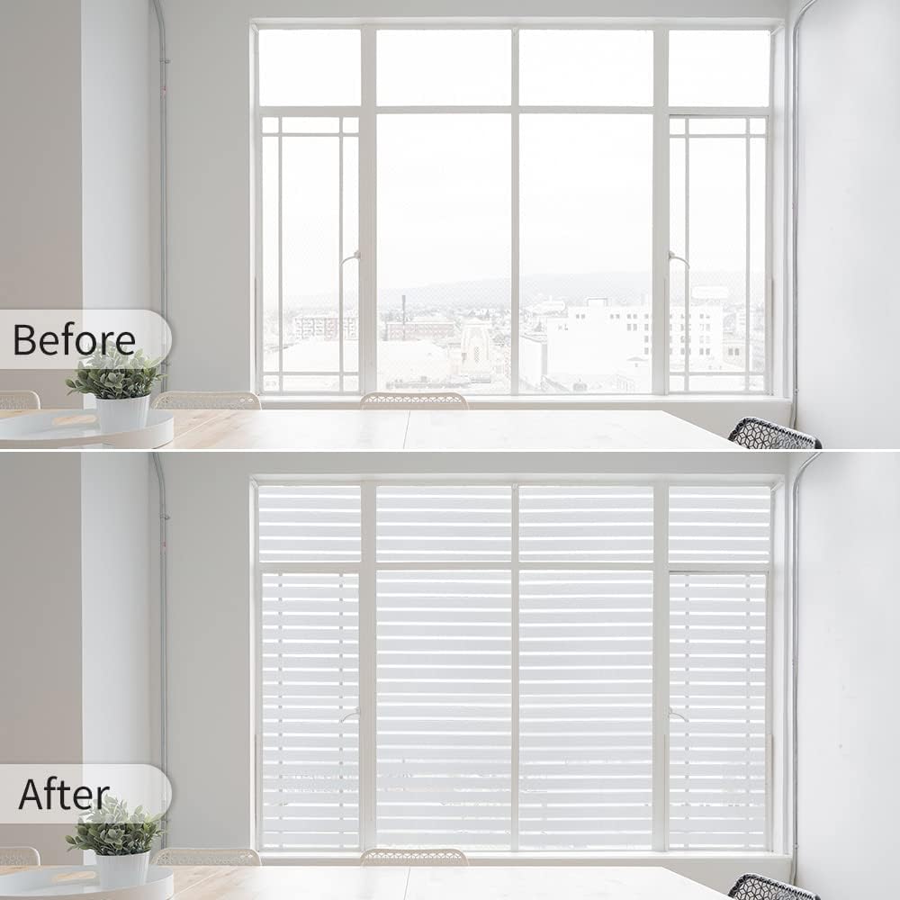 Window Privacy Film with Installation Tools, with Installation, Static Cling, Anti UV, Heat Control, Ideal for Home Shower Office Glass Door (Stripes Pattern, 35.4X157.4Inch)