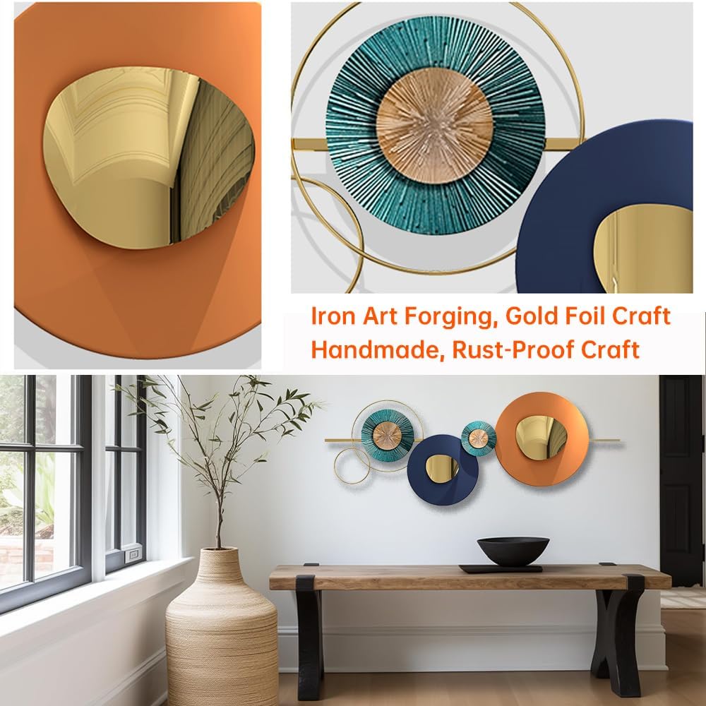 Metal Geometric Round Wall Art Abstract Metal Wall Decor for Living Room, 3D Modern Orange Circle Large Wall Art Circular Wall Decor Hanging Wall Sculptures Artwork for Outdoor Bedroom (Orange)