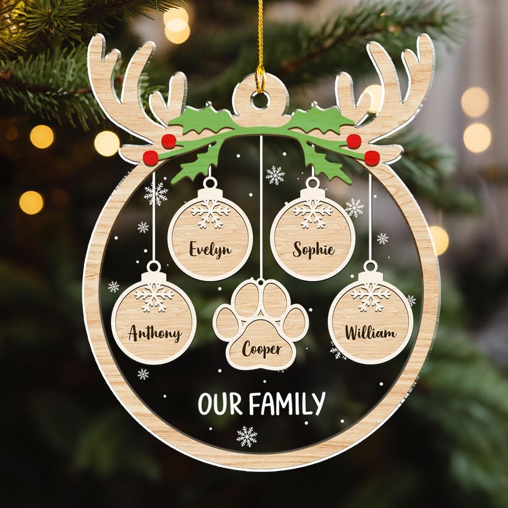 Personalized Family Christmas Acrylic Ornament 2024 - Custom Name Charms Family Members up to 10 People and Pets, Paw Charm Ornament Gifts for Family Tree Decoration (A01, 5 Names)
