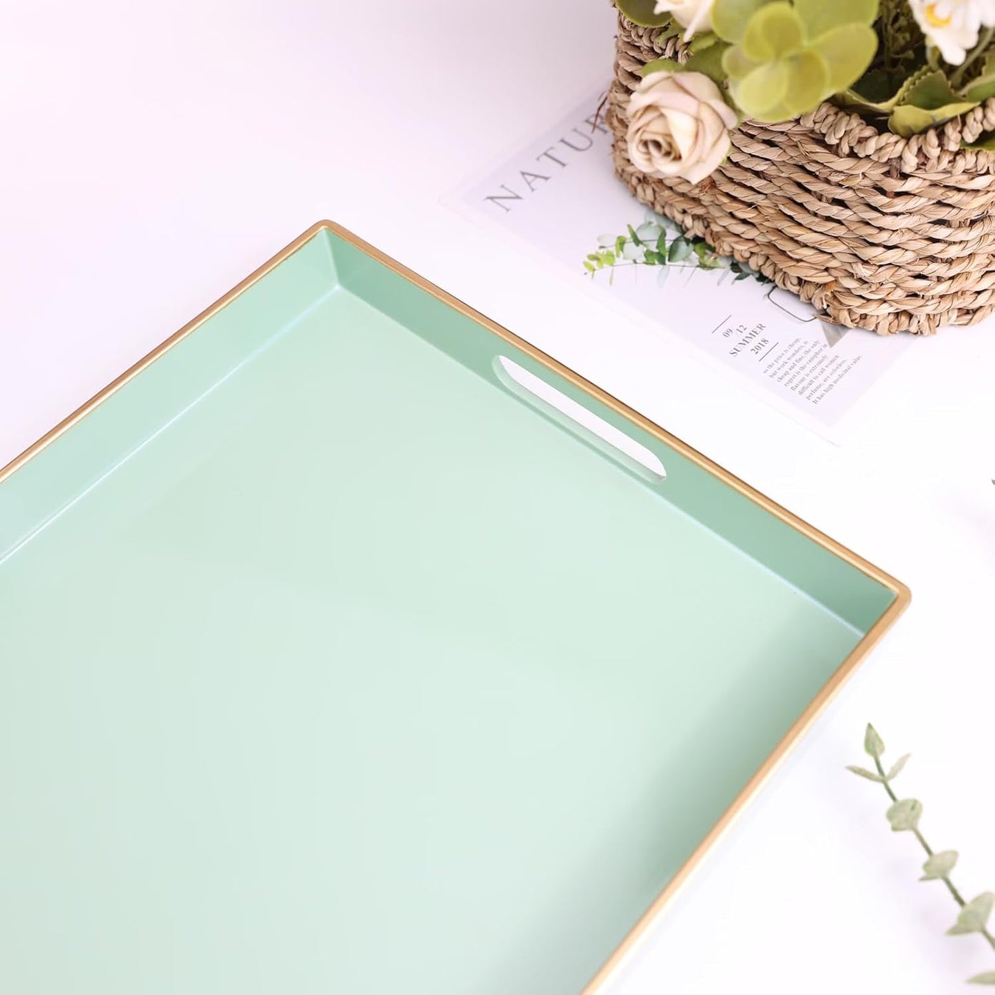 Spsyrine Green Decorative Serving Tray with Handles, Elegant Plastic Coffee Table Tray for Ottoman, Living Room, Home Decor 15.6" X 10.2"