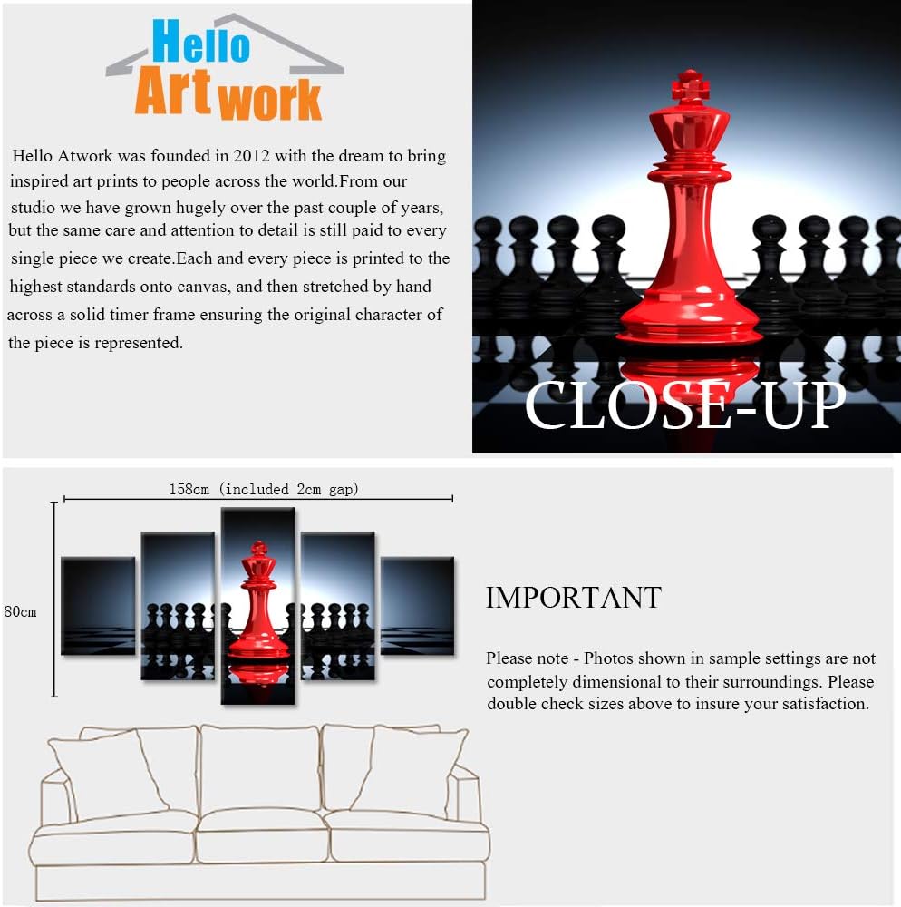 iHAPPYWALL Large 5 Pieces Modern Black And Red King And Knight Chess Pictures Print Canvas Wall Art for Home Chess Game RoomLiving Room Decor Ready To Hang