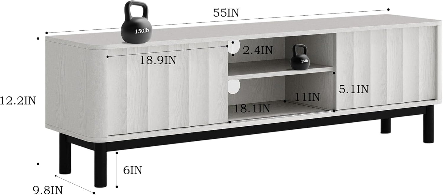 White Mid Century Modern TV Stand, Wood Fluted Living Room TV Stands with Storage Sliding Doors, Desert-Inspired Design MCM Entertainment Center for 55 60 65 70 75 55+ 60+ 65+ 70+ Inch