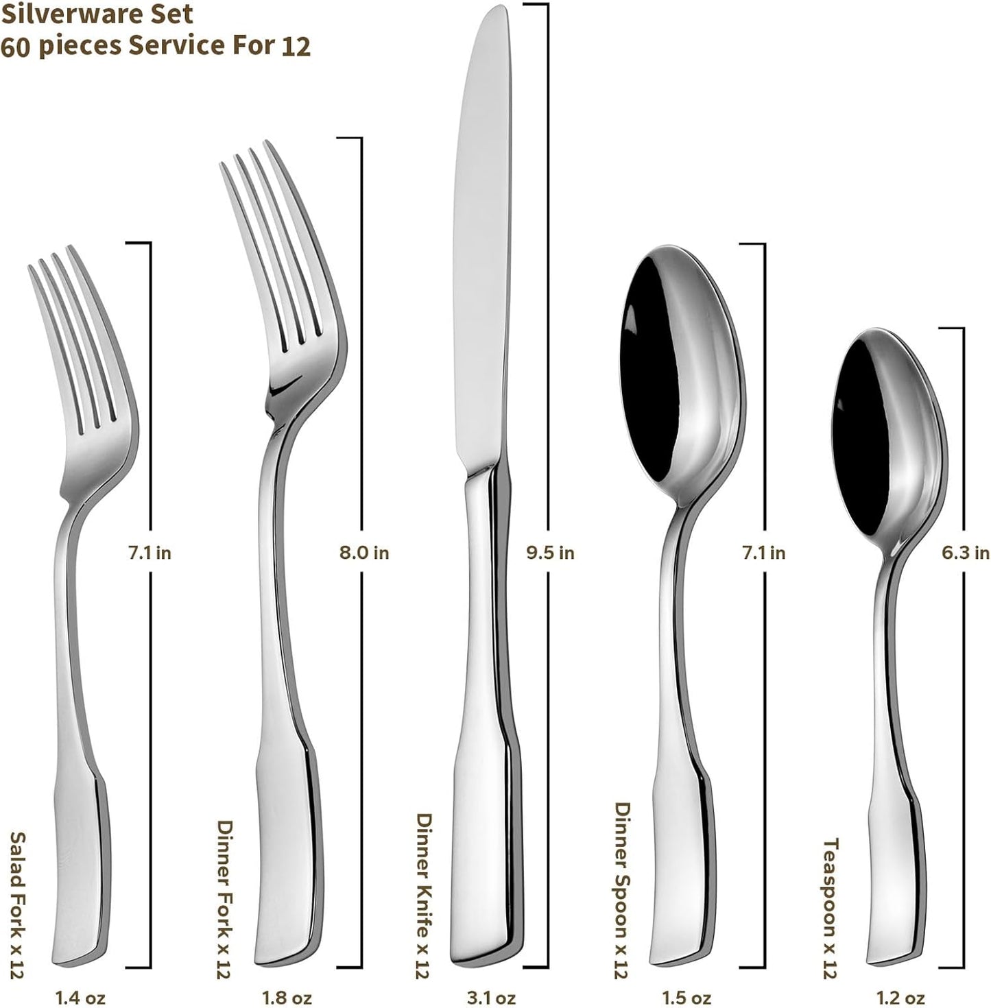 Alata Kate 60-Piece Silverware Set Stainless Steel Flatware Set,Service for 12,Mirror Polished Cutlery Set,Dishwasher Safe