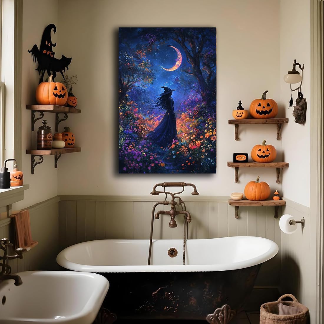 Vintage Halloween Witch Decor Mystic Gothic Wall Art Poster,Enchanting Witch Fall Whimsical Wildflowers Woodland Forest Crescent Moon Picture Art,Creepy Witchy Home Decor,16"x24" Unframed