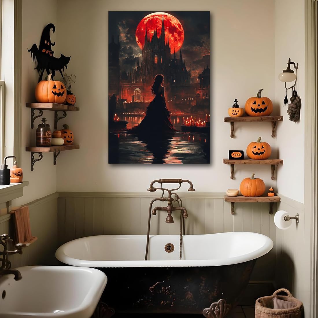 Halloween Witch Poster Canvas Prints Art Vintage Decor,Red Castle Blood Moon and Witch Scene Gothic Painting,Rustic Dark Academia Wall Art for Bathroom Spooky Living Room Wall Decor,24"x36" Unframed