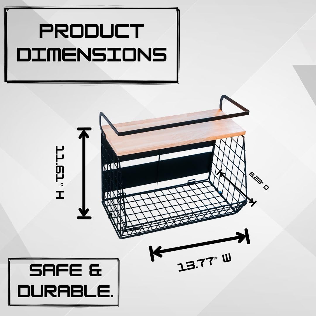 Magnetic Shelf For Fridge with Wood Lid - Fridge Magnet Organizer with 4 Hooks, Magnetic Basket for Fridge, Magnetic Storage for Refrigerator, Magnetic Spice Rack for Refrigerator