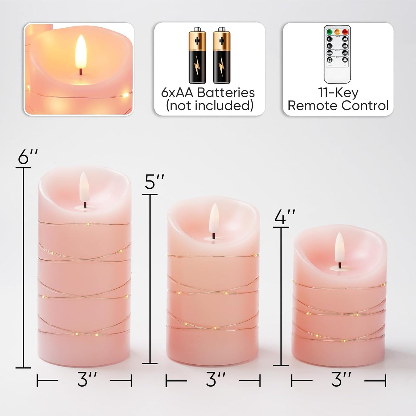 Homemory Flameless Candles with String Lights, 3 Pack Embedded Fairy String Lights LED Candles, Electric Flickering Candles with Remote Control and Timer, Real Wax, Pink