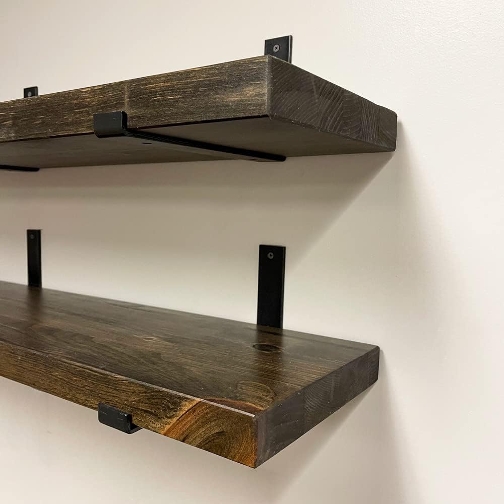 Rustic Shelves with J-Brackets Set of 2, Industrial Shelf, Kitchen Shelves, Solid Wood, Decorative Wall Storage, Heavy Duty, URBANDI (Dark Brown, 48Wx12D)