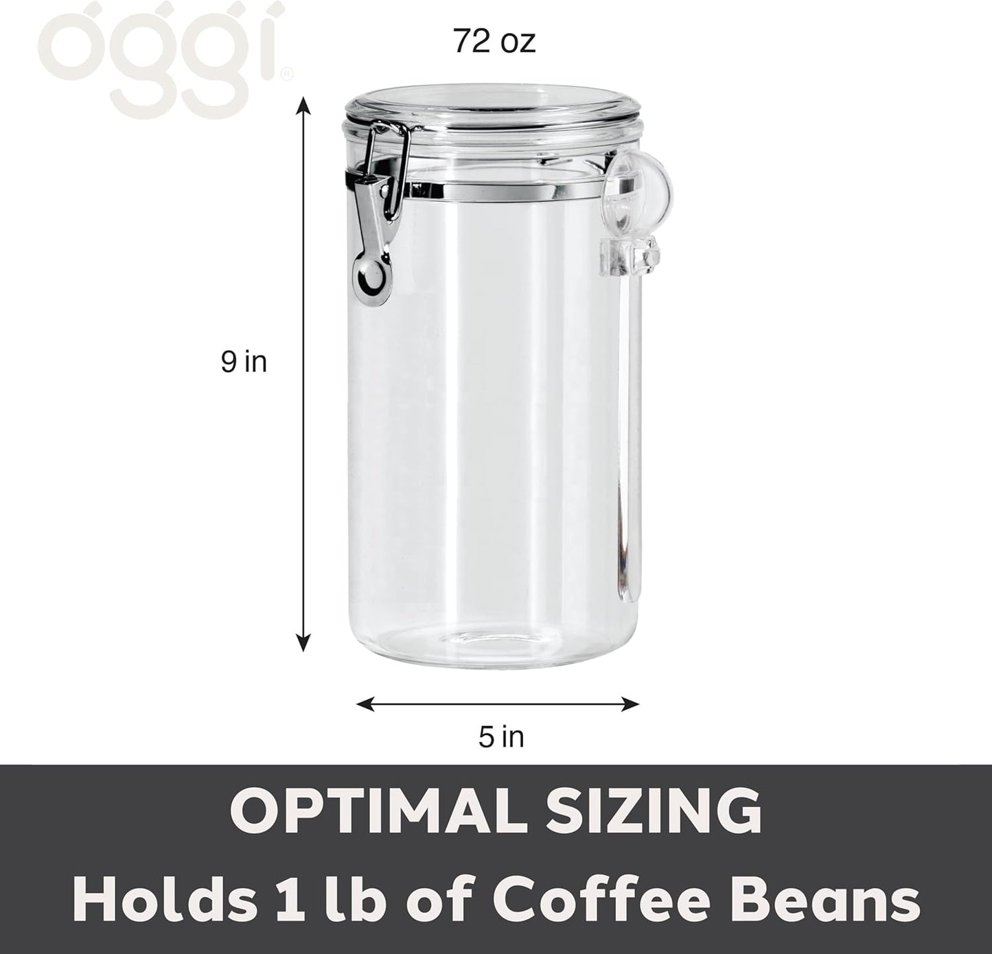Oggi Clear Canister Airtight 72oz - Clamp Lid & Spoon - Airtight Food Storage Container, for Kitchen & Pantry Storage of Bulk, Dry Foods, Pasta, Flour, Sugar, Coffee, Rice, Tea, Spices & Herbs
