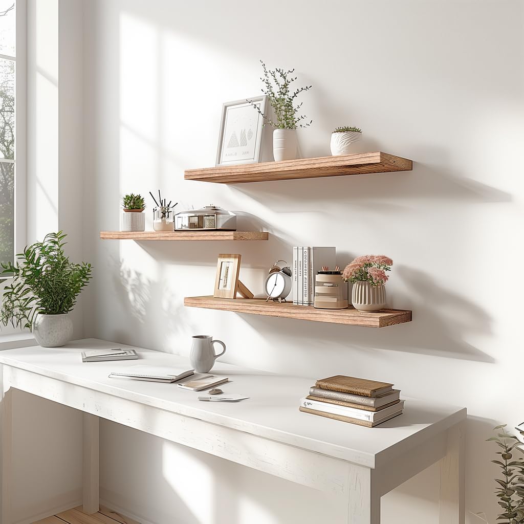 Light Wood Floating Shelves for Wall Rustic Wall Shelves for Bedroom Set of 6