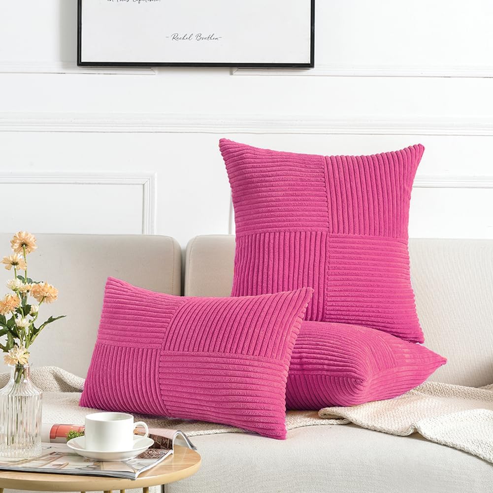 Fancy Homi 2 Packs Hot Pink Euro Decorative Throw Pillow Covers 26x26 Inch for Couch Bed Sofa, Rustic Farmhouse Boho Home Decor, Soft Corss Corduroy Patchwork Textured Square Cushion Case 66x66 cm