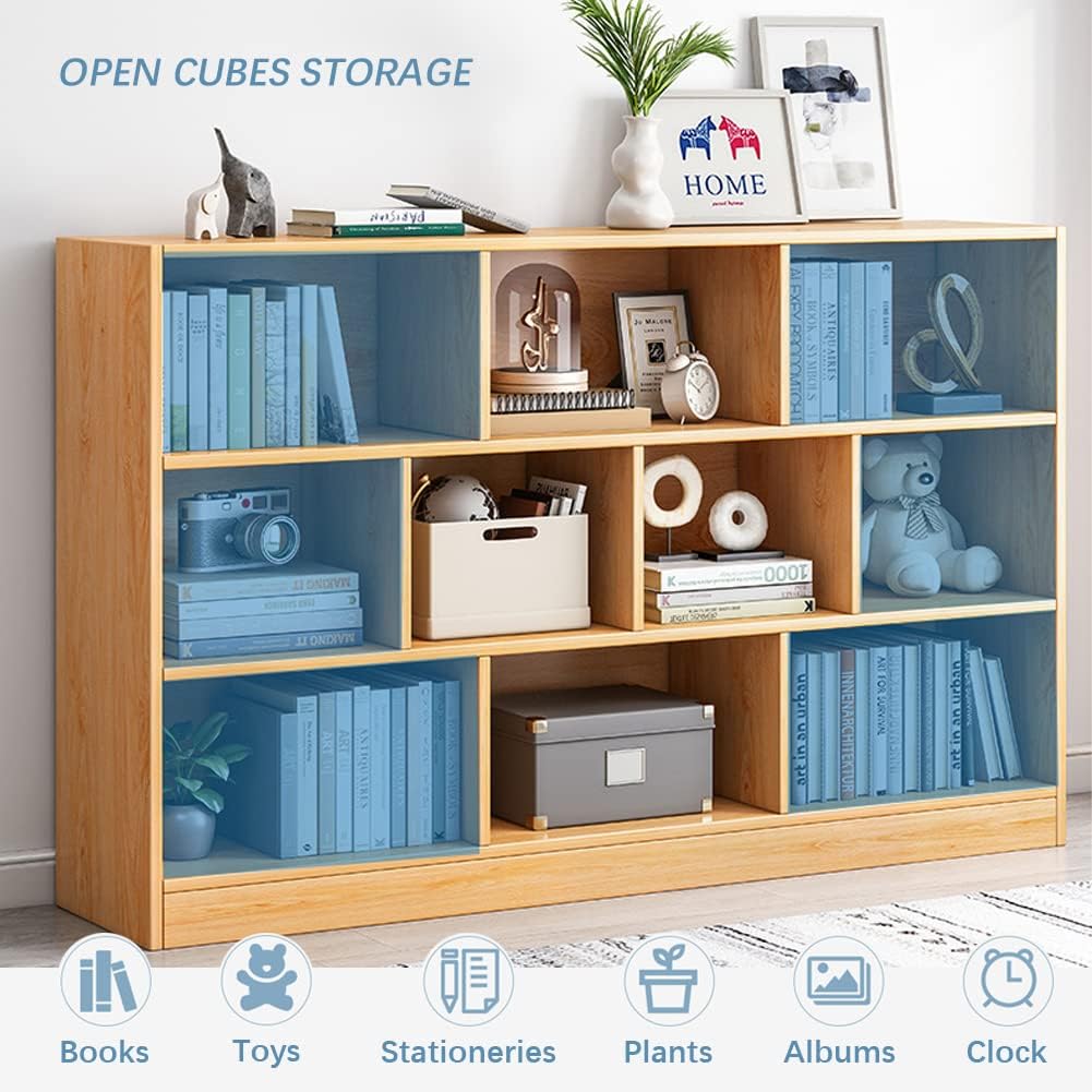 IOTXY Open Shelf Low Bookcase - Wooden 3-Tier Floor Standing Display Cabinet Organizer with Base, 5 Cubes Short Horizontal Bookshelf in Warm White