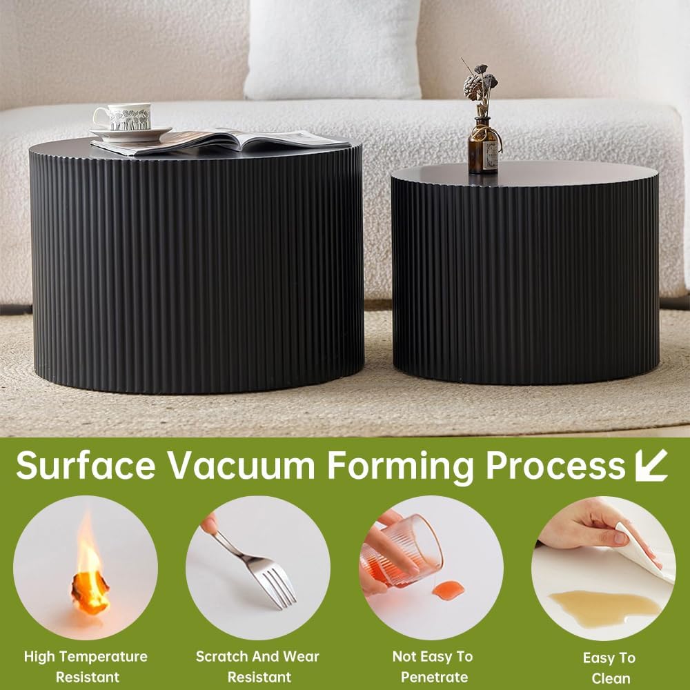 Round Nesting Coffee Table Set of 2 Small Round Coffee Tables for Living Room Modern Fluted Coffee Table Circular End Table Side Table for Small Spaces No Assembly (Black A, 18 in)