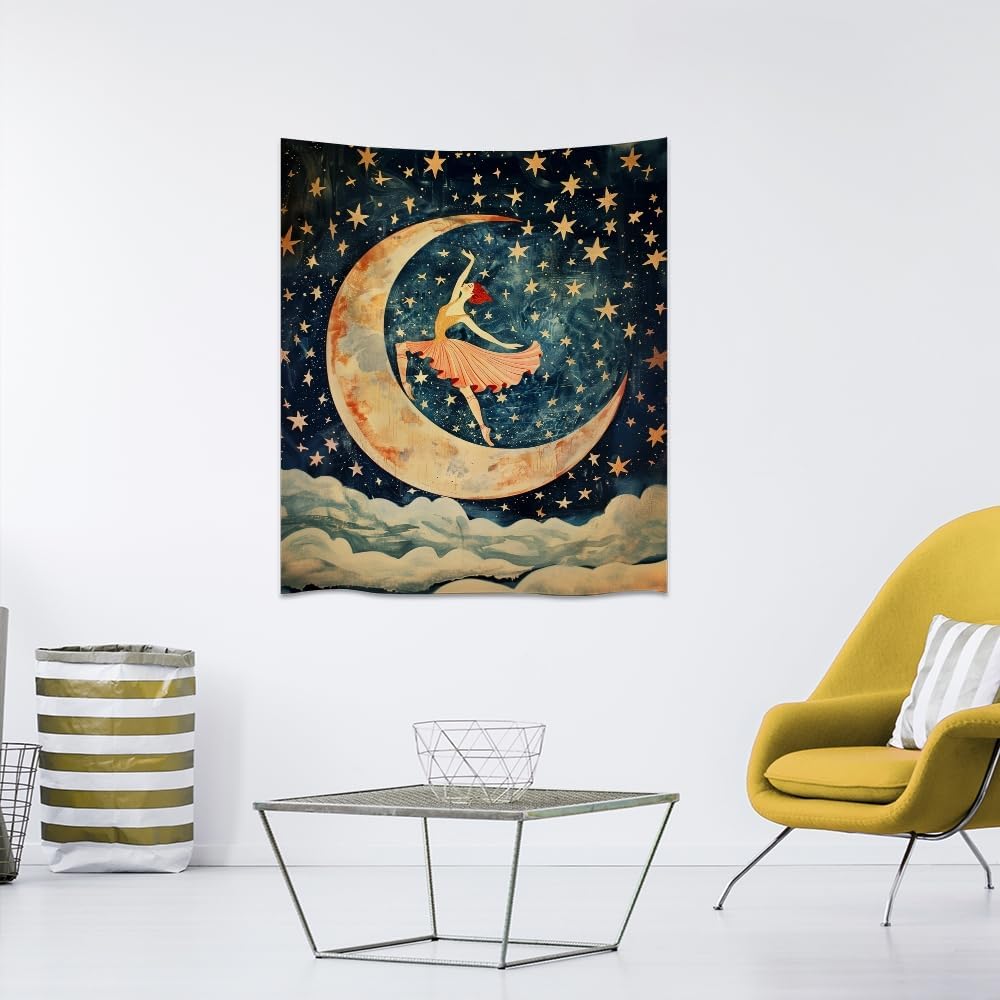 Dancer on the Moon Tapestry Starry Night Sky Art Print Dark Academia Gothic Aesthetic Wall Hanging Stars Moon Clouds Tapestries Whimsical Wall Decor for Nursery Bedroom 60x80inch