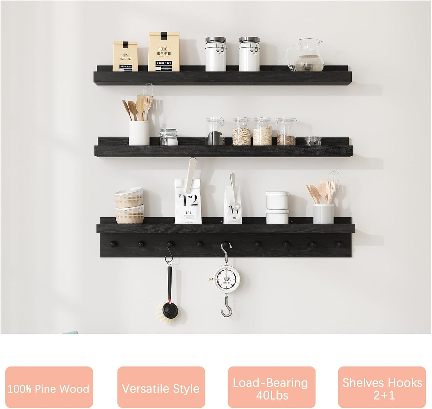 MBYD Floating Shelves for Wall, Nursery Floating Bookshelf for Kids Room, Black Wall Mount Book Shelves with Hooks for Living Room Bedroom Bathroom, 36 Inch Picture Ledge Kitchen Spice Rack Set of 3