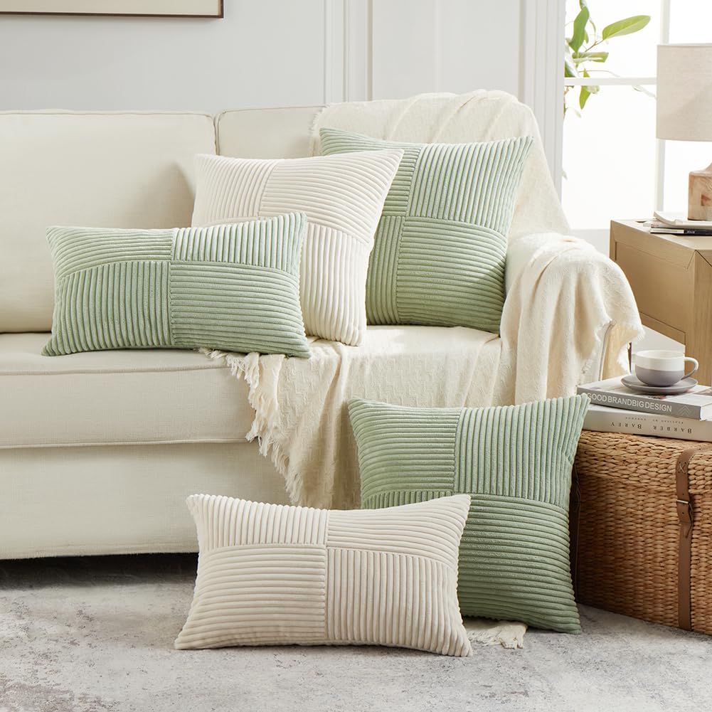 Fancy Homi 2 Packs Sage Green Euro Decorative Throw Pillow Covers 28x28 Inch for Bedroom Couch Bed, Farmhouse Boho Home Decor, Soft Corss Corduroy Patchwork Textured Square Cushion Case 71x71 cm