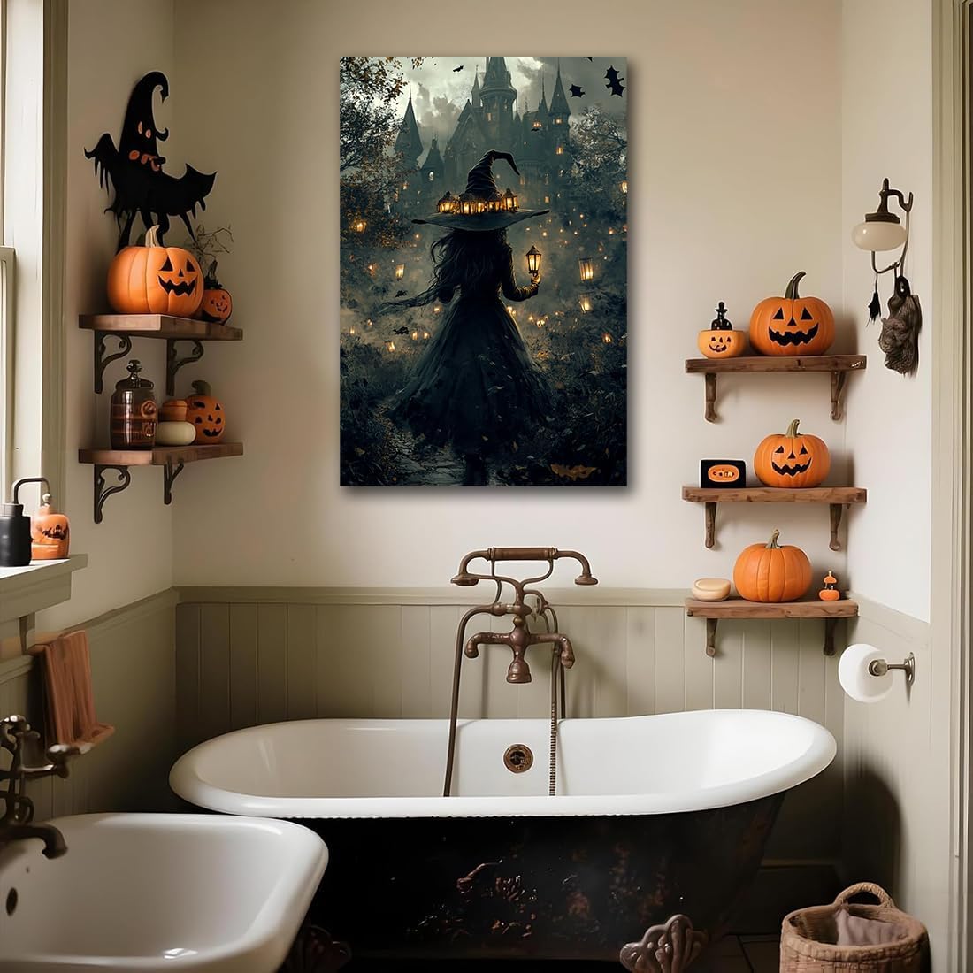 Halloween Witch and Haunted House Canvas Wall Art,Dark Academia Scary Witch Castle Posters Prints,Thriller Horror Gothic Wall Decor Pictures for Halloween Party House Decoration,24"x36" Unframed