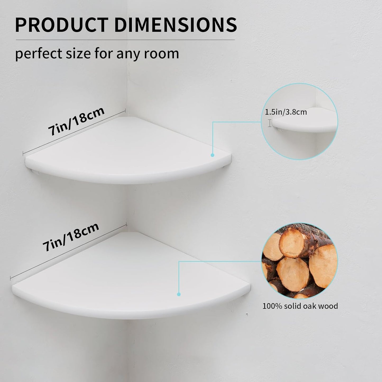 Corner Shelf, White Floating Corner Shelf, Set of 2 7inch Solid Oak Wood Corner Wall Shelves, Round End Wall Mount Display Shelf with Wire Hole for Small Plant for Bedroom Kitchen, Living Room