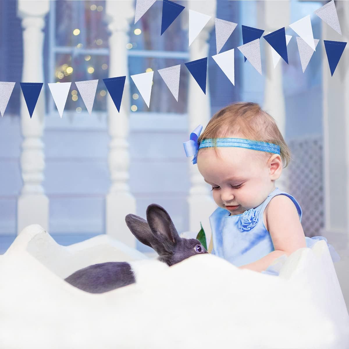 30 Ft Navy Blue White and Silver Party Decorations Royal Blue Triangle Flag Pennant Banner Bunting for Graduation Birthday Wedding Bridal Shower Nautical Ahoy Achor Theme Party Decorations Supplies