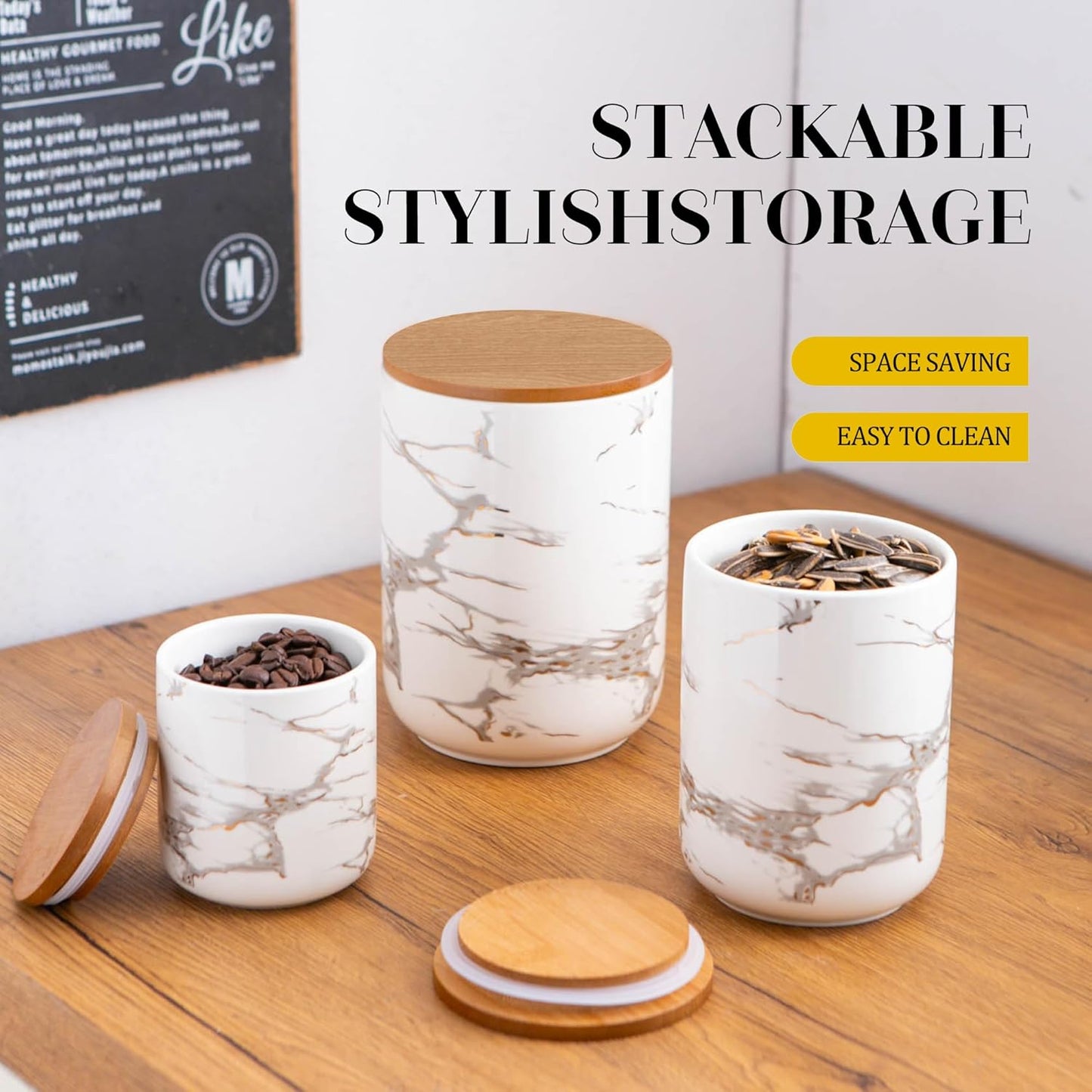 White Ceramic Canister Set with Wooden Lid, 3-Piece Food Storage Jars for Kitchen Counter, Storage Container for Sugar, Coffee, Tea, Spice