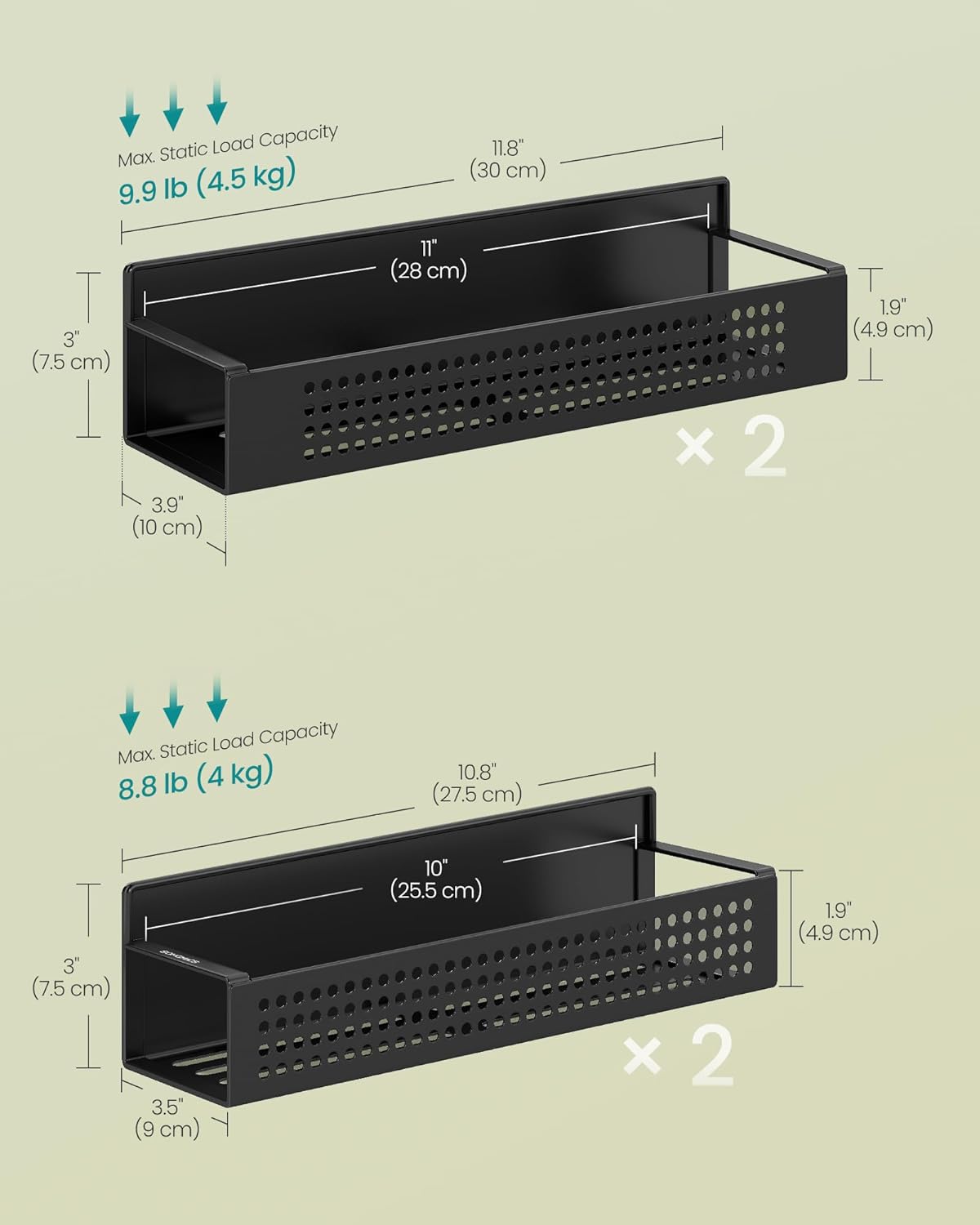SONGMICS Magnetic Spice Rack for Refrigerator, Set of 4, 2 Large and 2 Small Kichen Magnetic Shelves for Microwave, Washing Machine, Spice Organizers, No Drilling Needed, Ink Black UKCS061B01